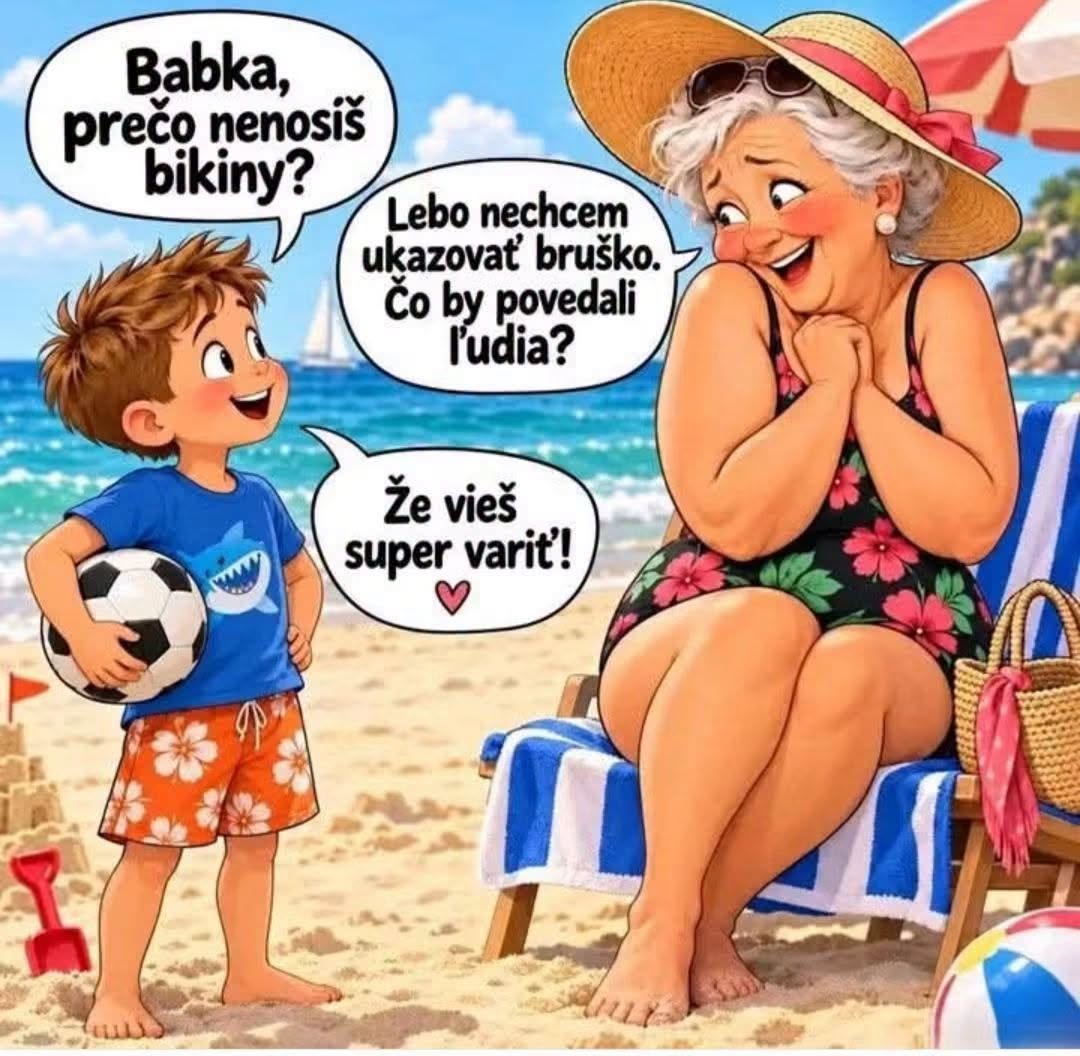Babka s chlapcom na pláži, vedú vtipný rozhovor o bikinách a varení, pláž, letná atmosféra.