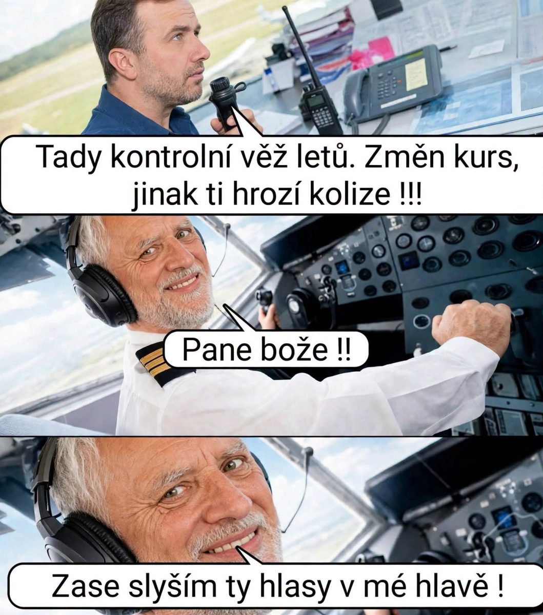 Pilot a dispečer vtipne komunikujú cez vysielačku, pilot počuje hlasy vo svojej hlave. Komiksová scéna s humorom.