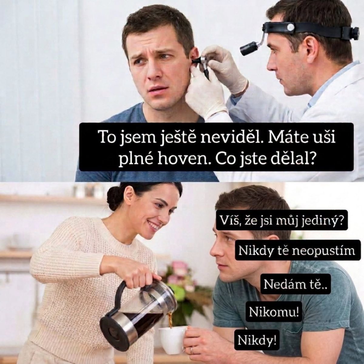 Lekár vyšetrí pacienta, žena nalieva kávu mužovi, vtipné texty o zdraví a vzťahu.