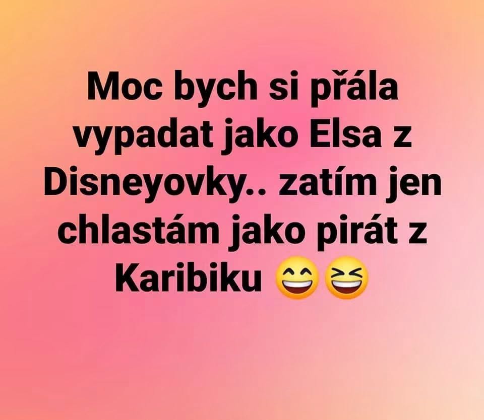 Textový vtip o túžbe vyzerať ako Elsa, ale v skutočnosti piť ako pirát z Karibiku.