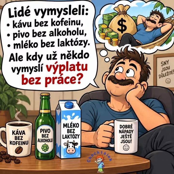 Muž premýšľa o výplate bez práce, obklopený produktmi bez kofeínu, alkoholu a laktózy.