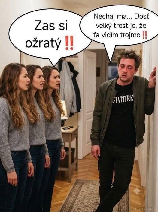 Muž opretý o stenu vidí ženu trojmo, ona mu hovorí, že je opäť opitý.