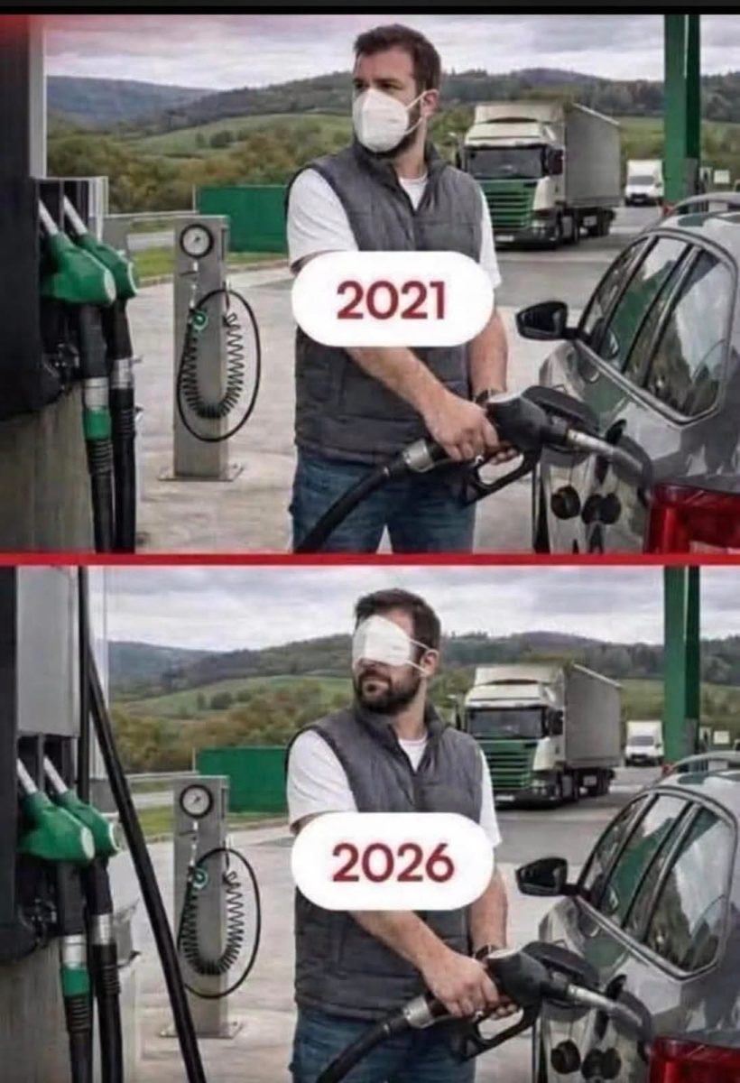 Muž tankuje na čerpacej stanici s rúškom v roku 2021 a so zaviazanými očami v roku 2026.