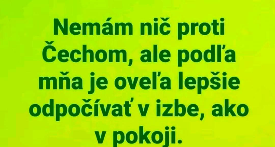 Textový vtip o rozdieloch v používaní slov izba a pokoj medzi Slovákmi a Čechmi.