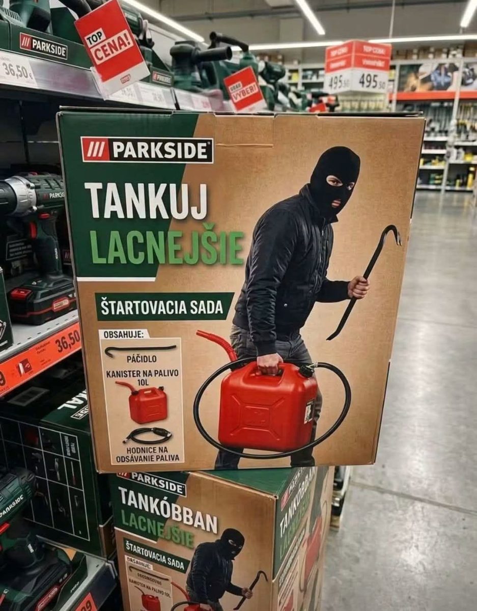 Obal produktu Parkside s balíkom na prenášanie paliva a človekom držiacim výbavu na čerpanie paliva.