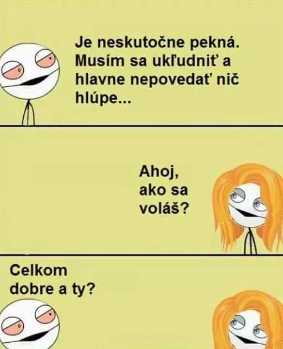 Kreslený obrázok s humornou konverzáciou o nervozite pri rozhovore s peknou dievčinou.