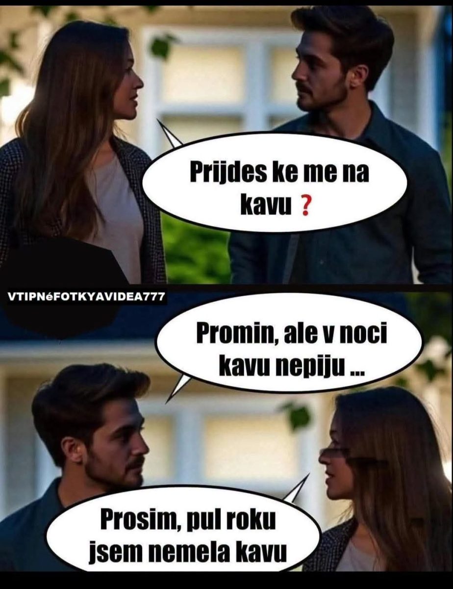 Mladý pár debatuje o večernom pozvaní na kávu, vtipné reakcie.