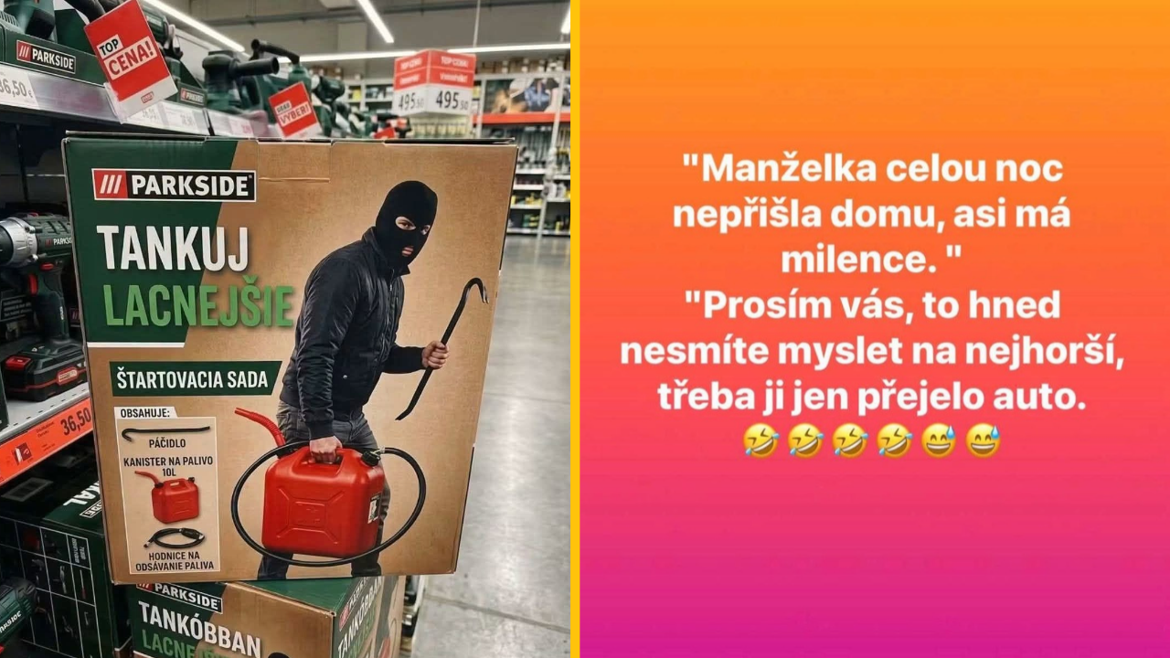 Nákupný kartón s vtipným obrázkom zlodeja benzínu a humorným textom na oranžovom pozadí v obchode.