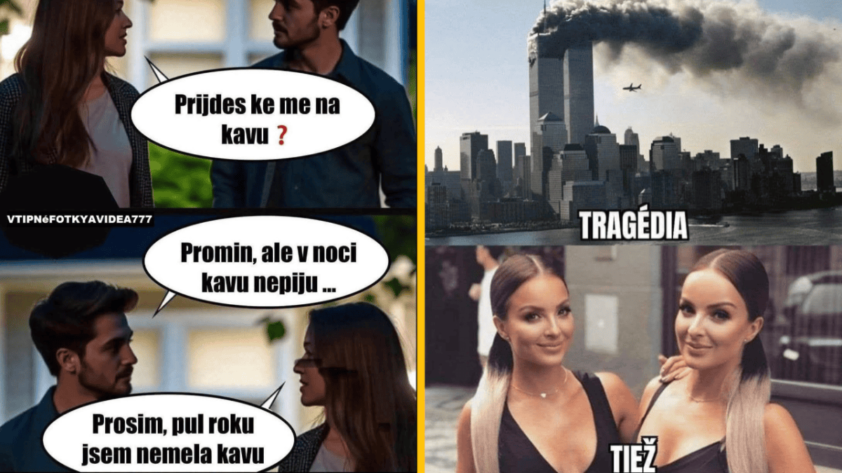 Obrázok so štyrmi panelmi: vtipný rozhovor o káve a tragický záber budov, s nápismi TRAGÉDIA a TIEŽ.