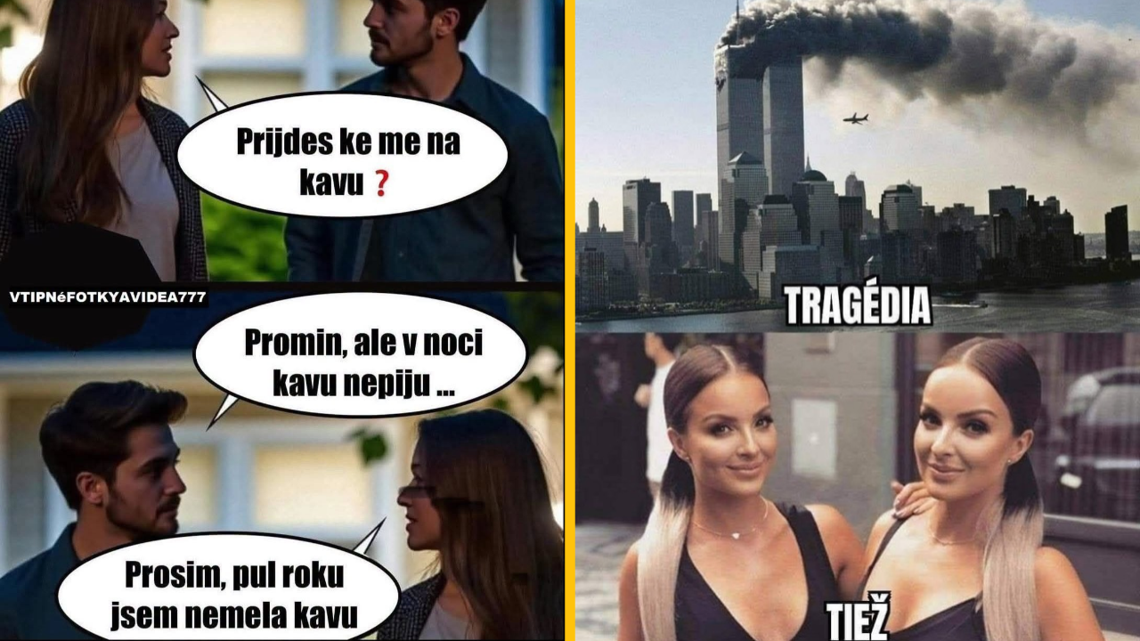 Obrázok so štyrmi panelmi: vtipný rozhovor o káve a tragický záber budov, s nápismi TRAGÉDIA a TIEŽ.