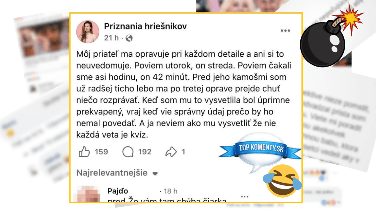 Používateľská diskusia o detailnom opravovaní partnerom, zábavný príspevok s komentármi a emodži.