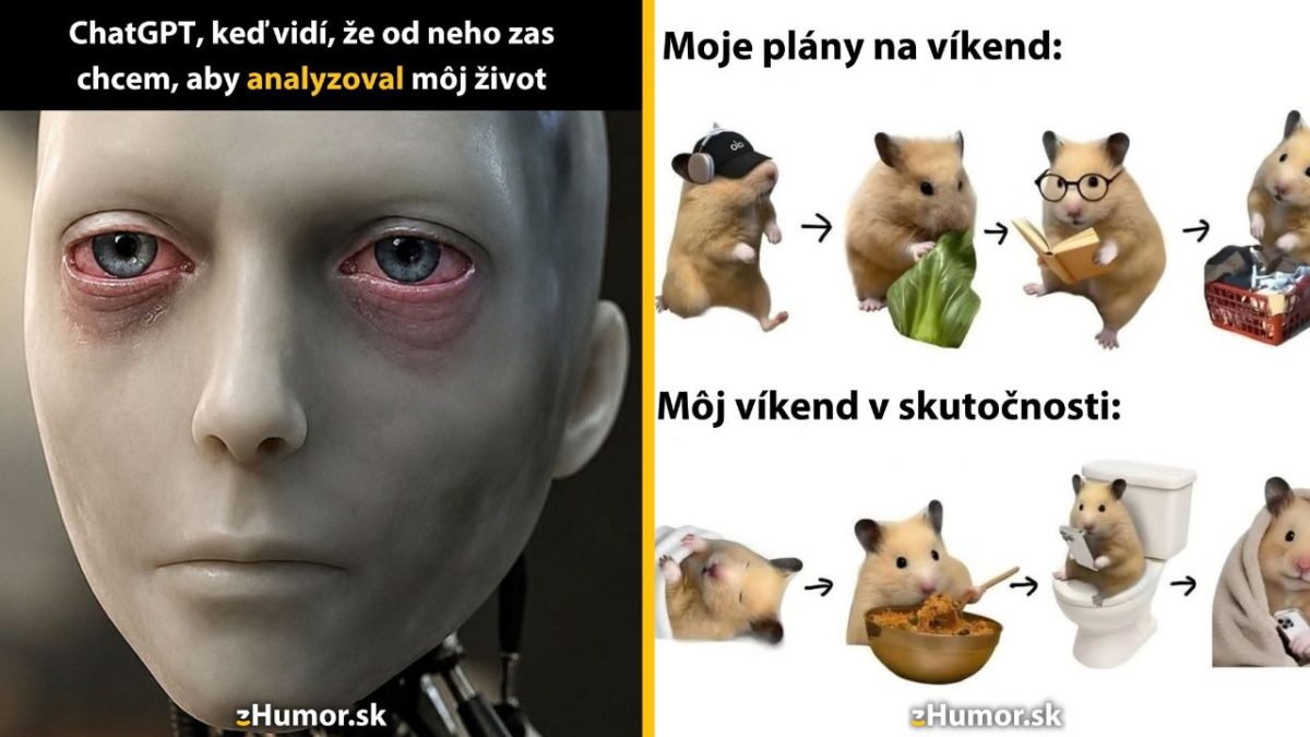 Robot s unavenými očami a vtipný plán víkendu vs. realita so škrečkami.
