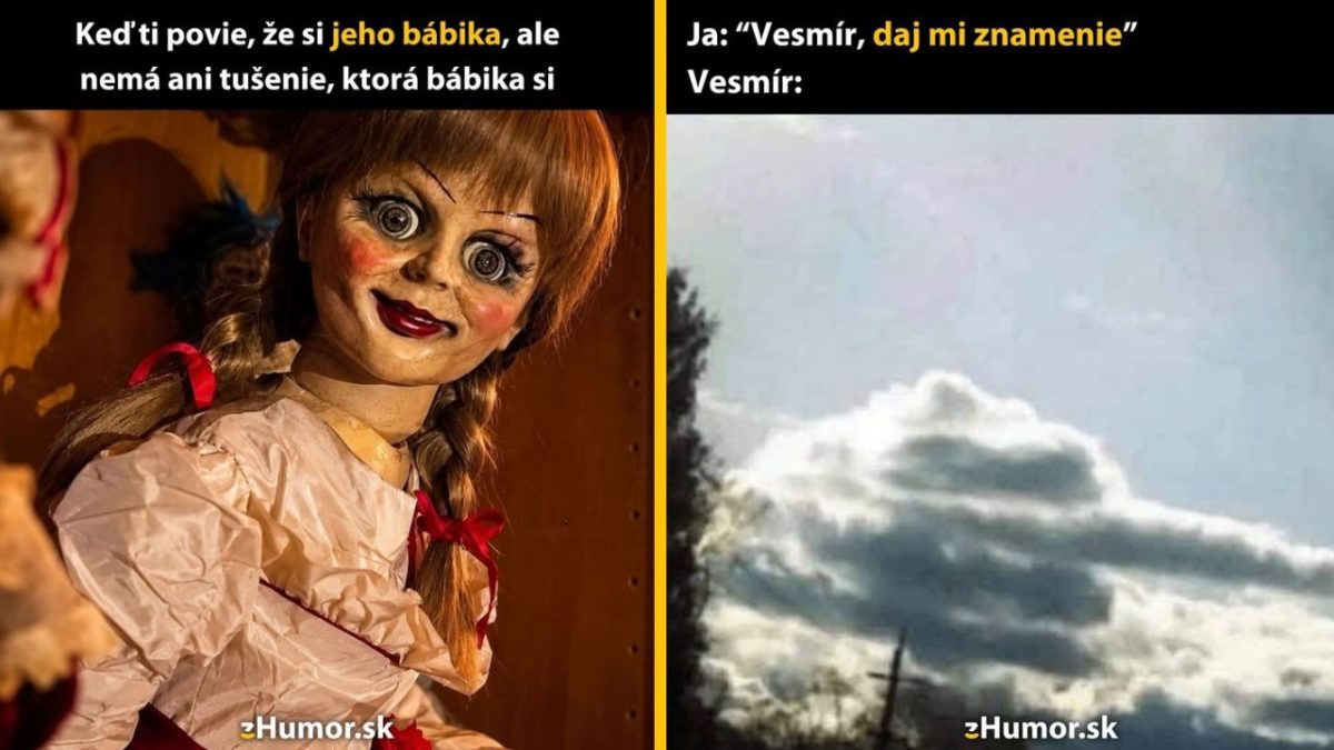 Strašidelná bábika vtipne kontrastuje so zamračenou oblohou v meme obrázku.