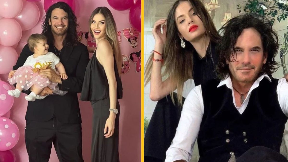 Oslava v ružovom prostredí s balónmi, pár drží dieťa, elegantne oblečení, druhá pózuje s mužom.