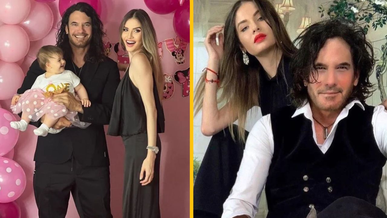Oslava v ružovom prostredí s balónmi, pár drží dieťa, elegantne oblečení, druhá pózuje s mužom.