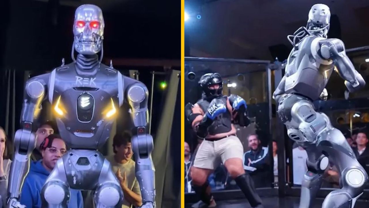 Robotický zápasník bojuje v ringu proti človeku, diváci sledujú súboj plný technológie a adrenalínu.