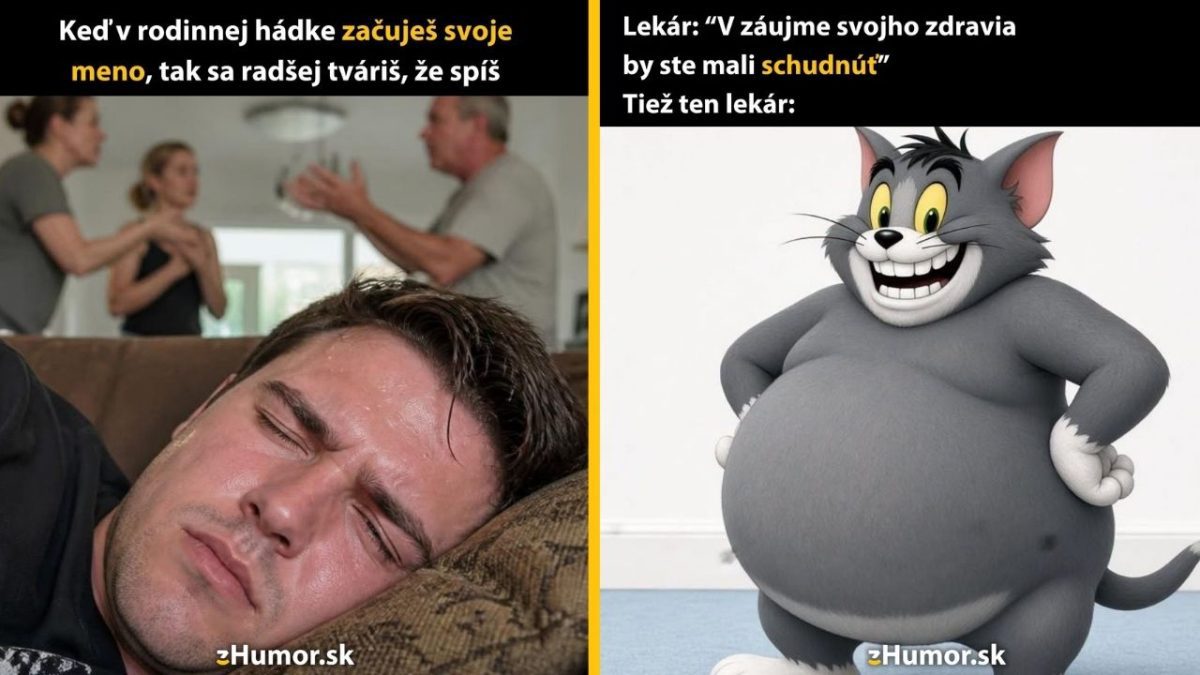Muž sa tvári, že spí počas hádky, a kreslený kocúr s veľkým bruchom ilustruje lekára, ktorý odporúča schudnúť.