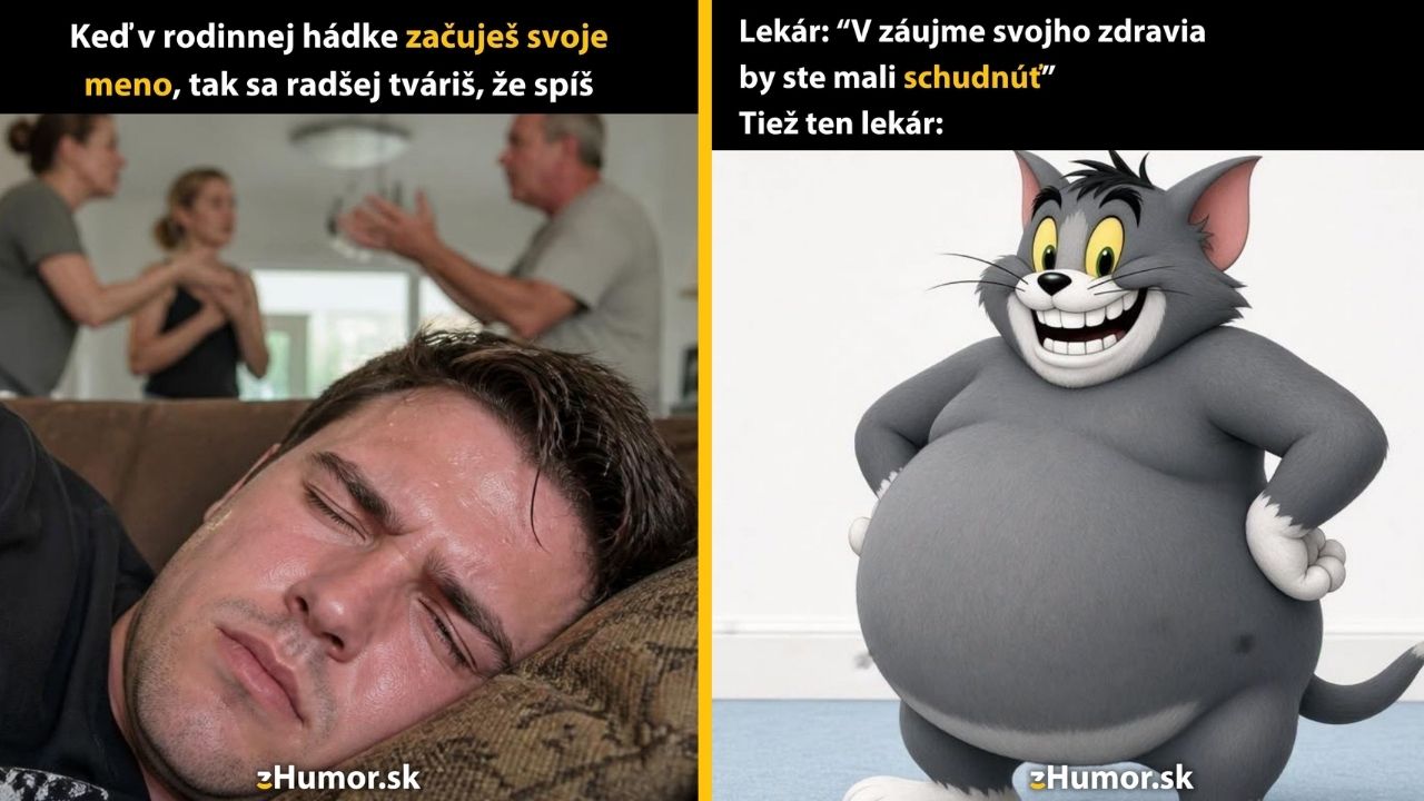 Muž sa tvári, že spí počas hádky, a kreslený kocúr s veľkým bruchom ilustruje lekára, ktorý odporúča schudnúť.