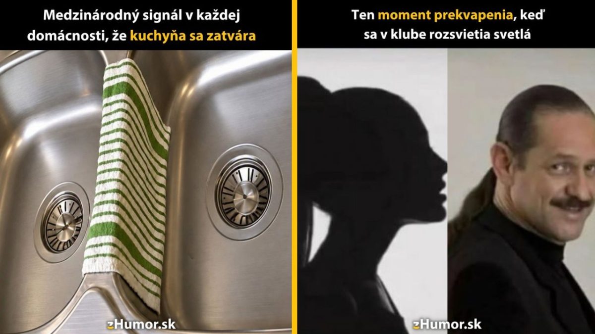 Kuchynský signál s utierkou cez drez a prekvapený muž v klube pri zasvietení svetiel.