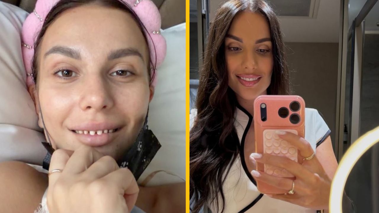 Dve fotografie tej istej ženy: prvá bez makeupu so svetlým oblečením, druhá s líčením a úsmevom, drží telefón.