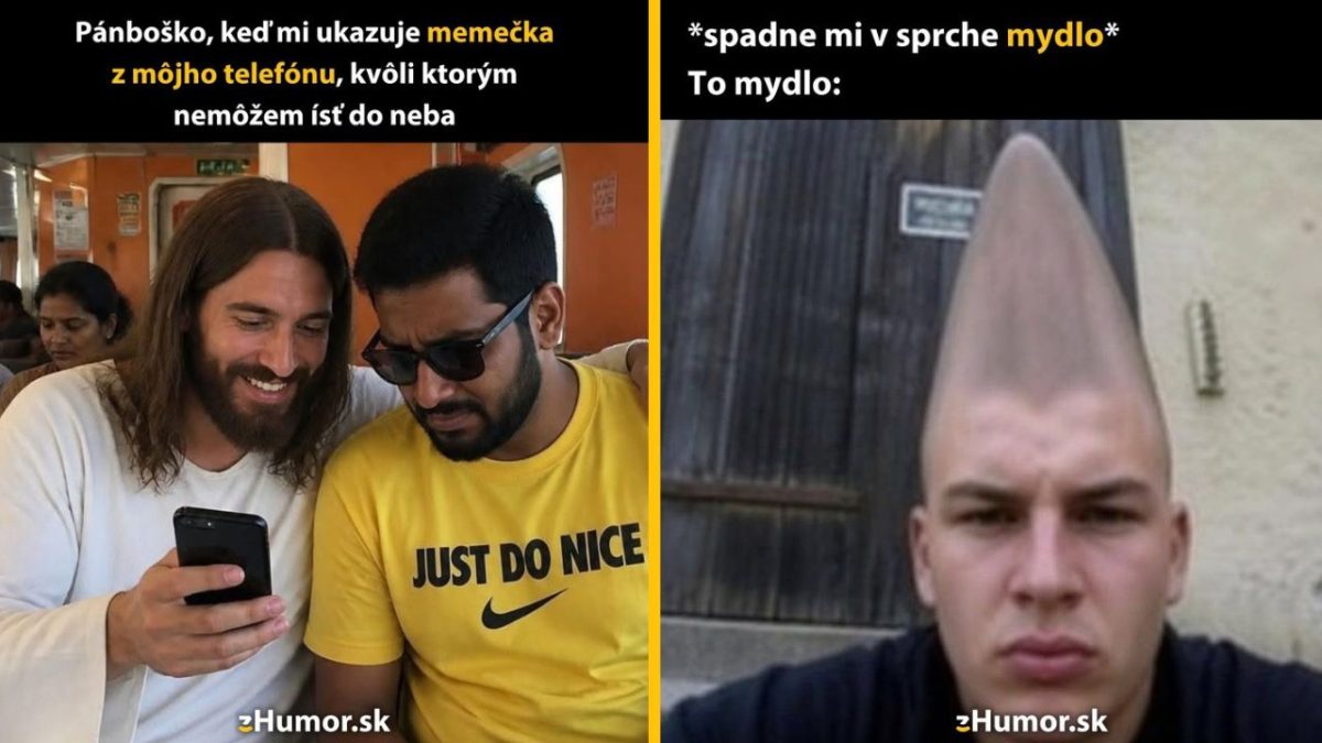 Dvaja muži smejúci sa na meme v telefóne, vedľa muža s hlavou tvaru mydla.
