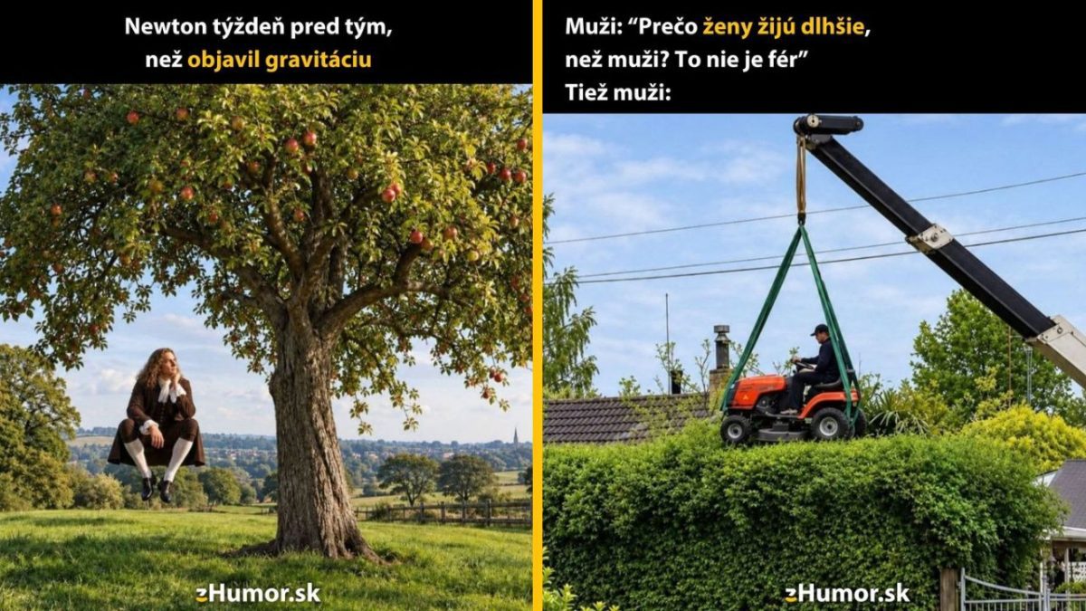 Muž sedí pod jabloňou, druhý na kosačke visí na žeriave. Humorný pohľad na mužskú logiku a odvahu.