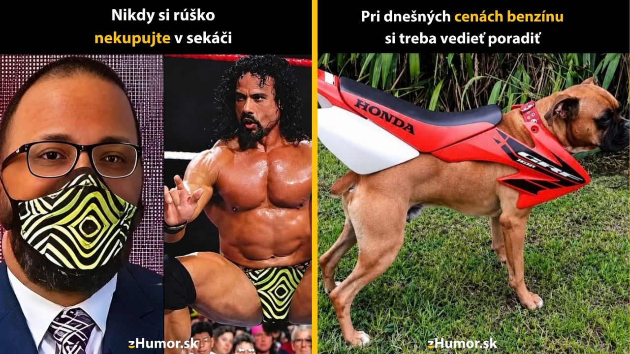 Muž s netradičnou maskou a pes s motorkovým sedadlom – kreatívne riešenia so štipkou humoru.