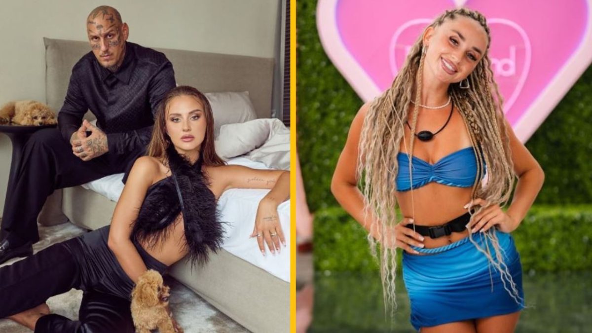 Dvojica s tetovaniami a so psíkmi na posteli; žena v modrých šatách pred logom Love Island.