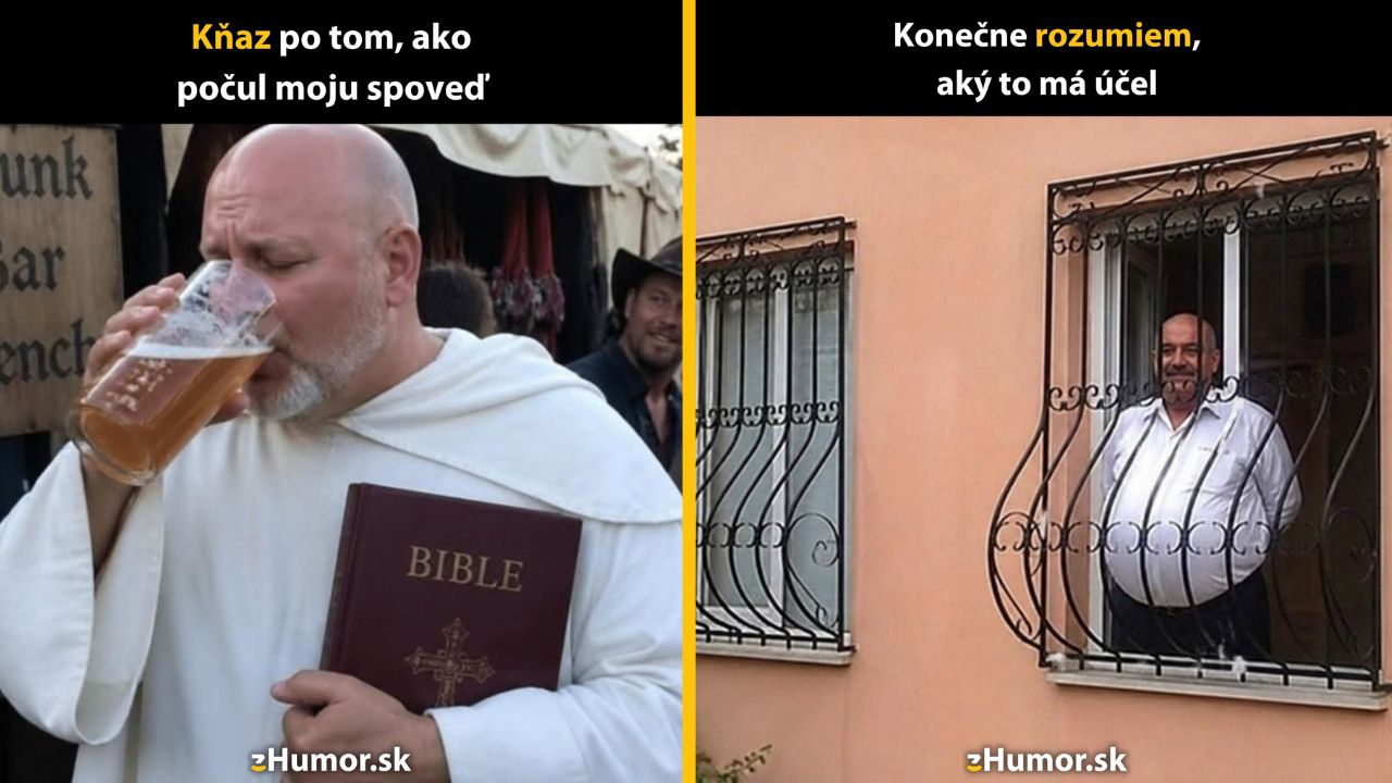 Vtipný obrázok s kňazom pijúcim pivo a mužom stojacim za mriežkou okna s úsmevom.