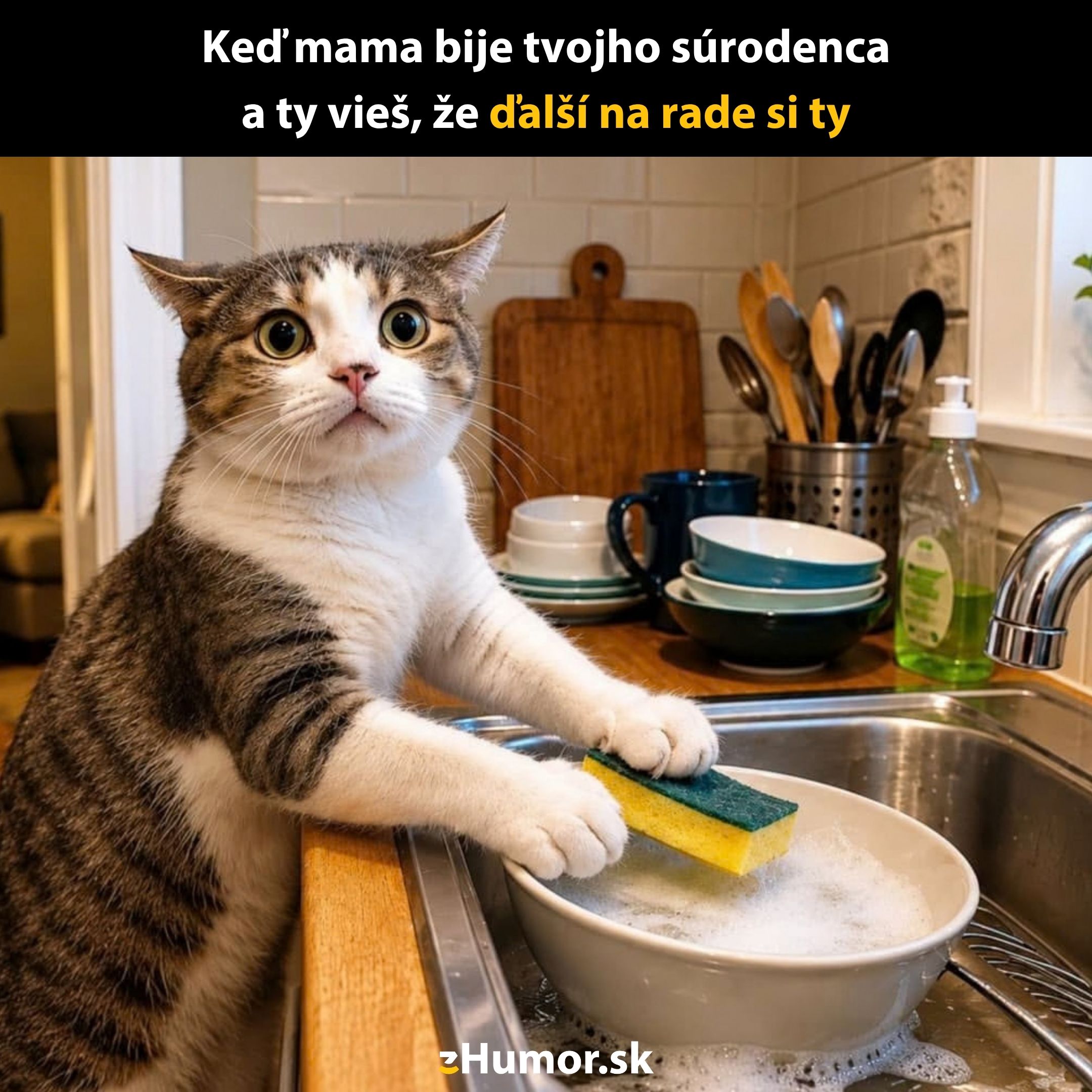 Mačka s hubkou v labkách pri umývadle, vyzerá prekvapene. Veselý moment domácich prác v kuchyni.