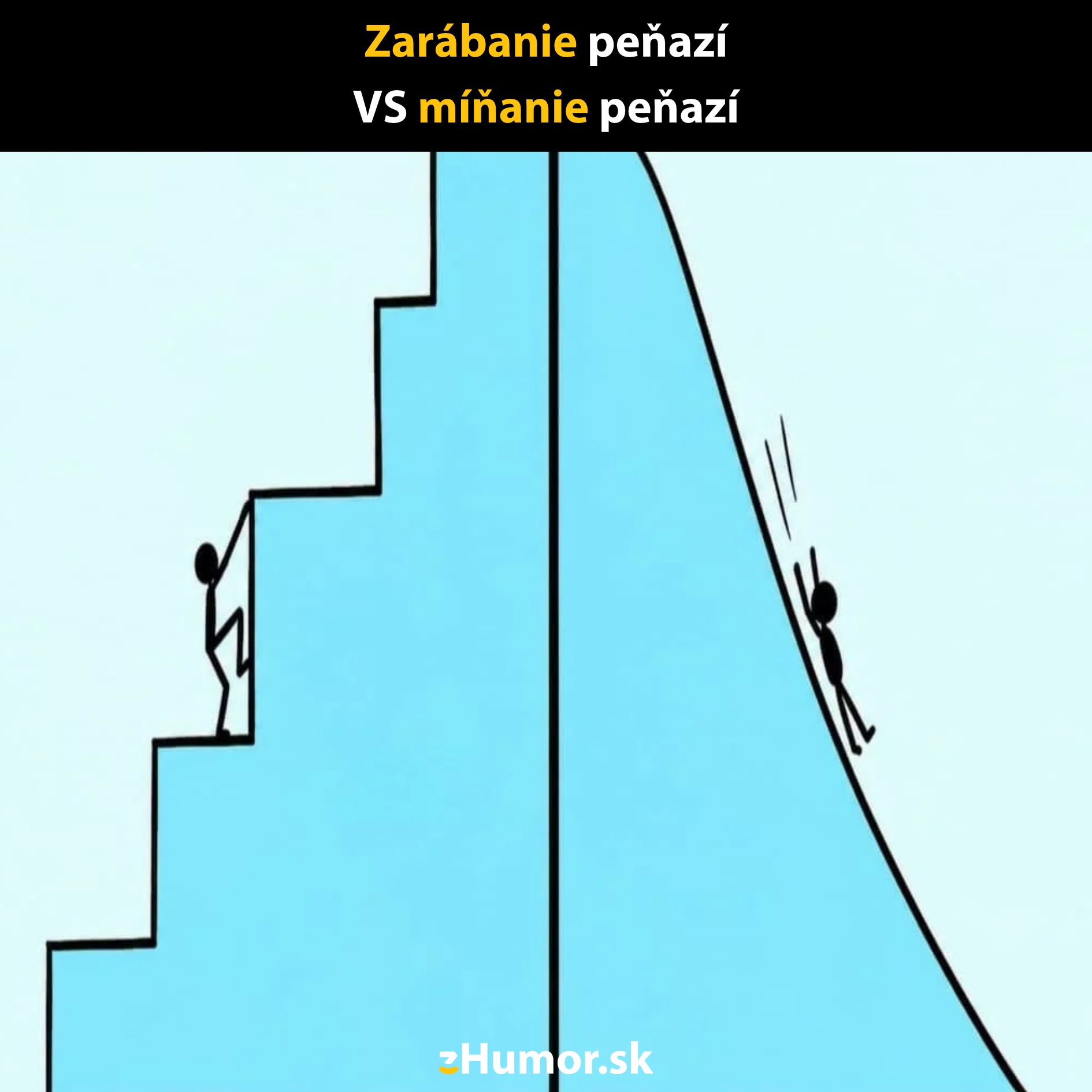 Osoba lezie po schodoch s nápisom zarábanie peňazí a šmýka sa z kopca s nápisom míňanie peňazí.