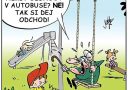 Dôchodca na hojdačke s palicou komicky konverzuje s deťmi na ihrisku. Text: Nechal jsi mě někdy sednout v autobuse?