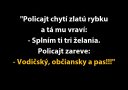 Policajt chytí zlatú rybku, želá si doklady: vodičský, občiansky a pas. Vtip zobrazený na čiernom pozadí.