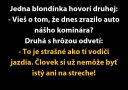 Vtip o blondínkach: rozhovor o kominárovi zrazenom autom, vtip komentuje nebezpečné šoférovanie.