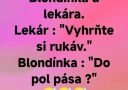 Obrázok s textom: Blondínka a vtipná nedorozumenie u lekára o vyhrnutí rukáva. Emoji úsmevu so slzami.