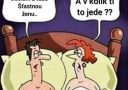 Karikatúra muža a ženy v posteli s vtipným dialógom o šťastnom manželstve.