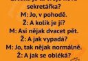 Manželský rozhovor o novej sekretárke, vtip s prekvapujúcou poslednou odpoveďou na oranžovom pozadí.