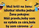 Vtipný obrázok s textom o žene a cárovi, s emotikonmi smiechu.
