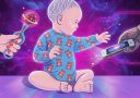 Dieťa v pyžame s medvedíkmi skúma technológiu a hrkálku v sci-fi prostredí.