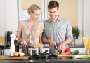 happy valentines day, woman, man, kitchen, food preparation, couple, relationship, together, cooking, pair, cutting, chopping, everyday life, blonde, cutting board, vegetables, happy couple, stove, cook, knife, noodles