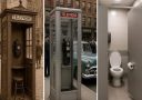 Evolúcia telefónnej búdky - historická drevená, moderná sklenená a súčasná verejná toaleta. Humor o zmene času.