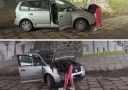 Žena v ružových legínach kontroluje motor auta pod grafitovým mostom. Otvorené dvere a kapota motora.
