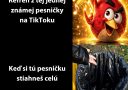 Obrázok s vtipným textom o skladbe z TikToku a Angry Birds ilustráciou.